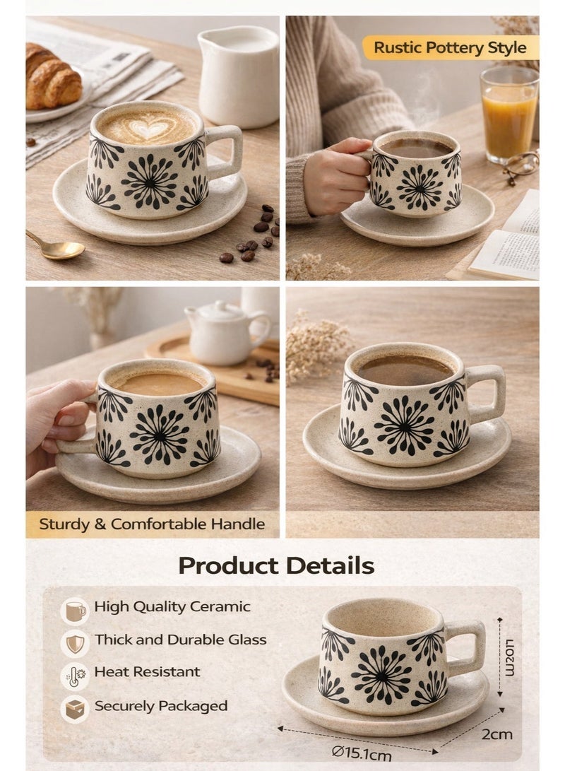 Ceramic Coffee Mug & Saucer Set 280ml Latte Tea Milk Cup Rustic Pottery Style - Image 2